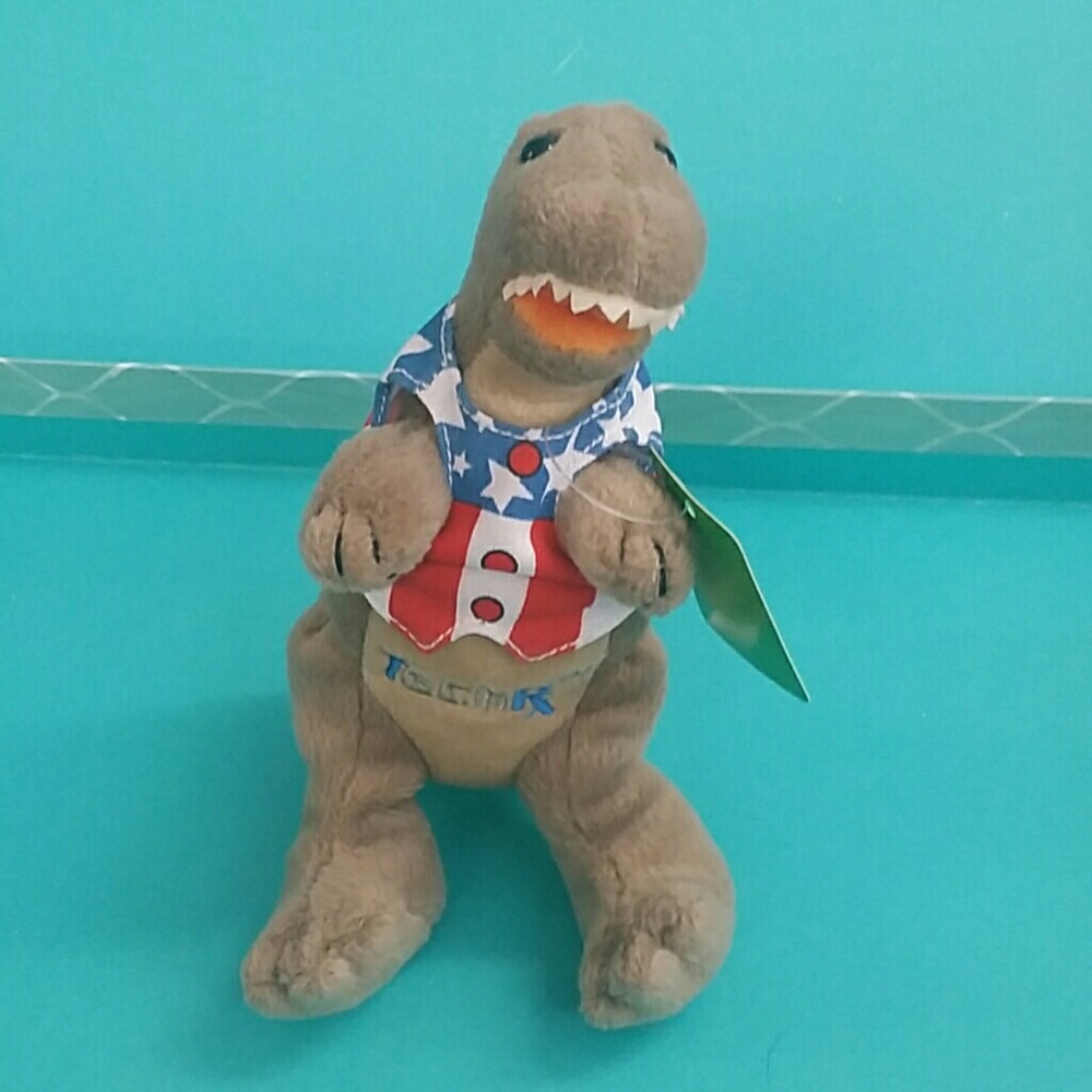 TechRx-Dino with a red, white and blue shirt